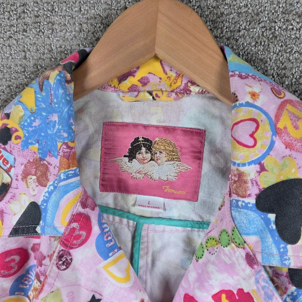 Fiorucci Women Pink Graphic Collage Print Belted Trench Coat Jacket Size L